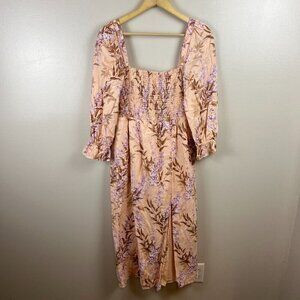 House of Harlow Smocked Midi Dress Size Medium Pink Floral Linen Blend Peasant